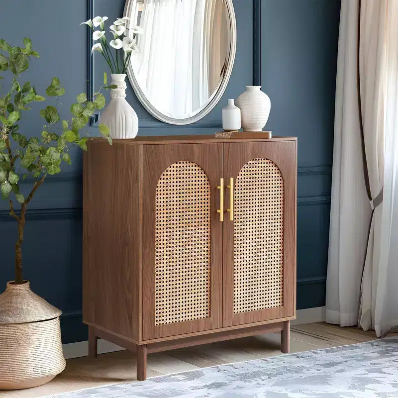 TUYOHW Rattan Sideboard Buffet Cabinet,Handmade 4-Door Storage Cabinet with Solid Wood Legs for Dining Room Kitchen & Living Room,Brown