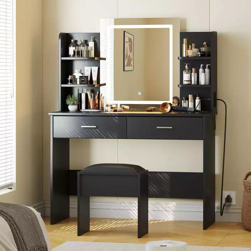 Vanity Desk with Mirror and Lights, Makeup Vanity Set with Cushioned Stool, Power Outlet, 6 Storage Shelves, 2 Large Drawers