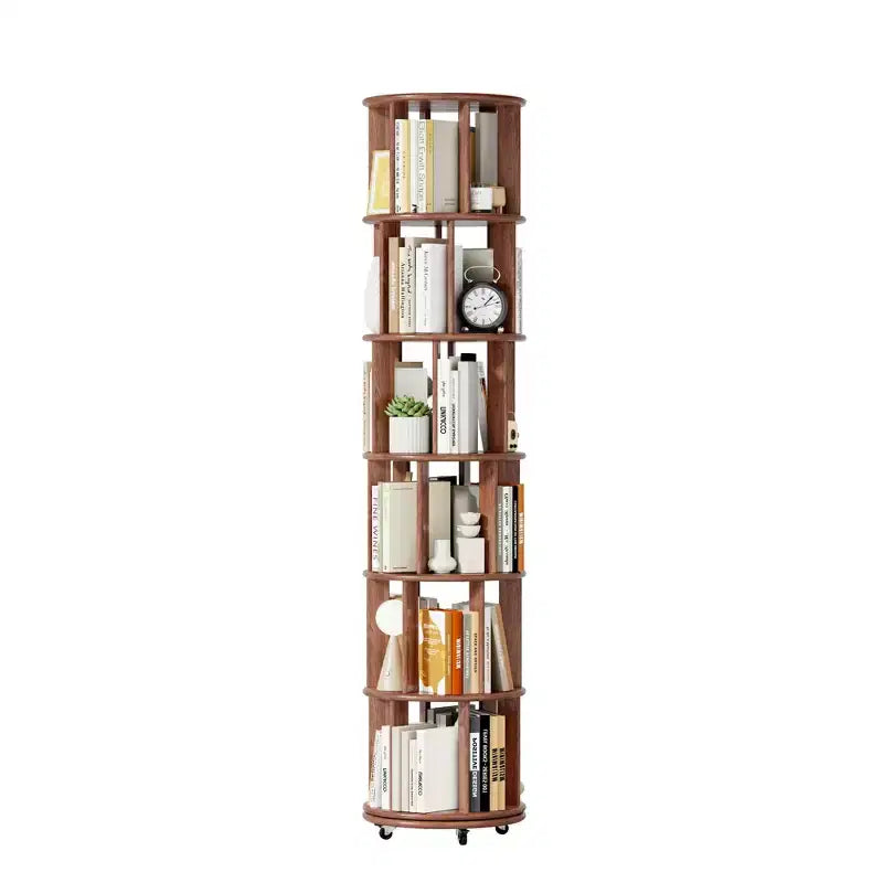 Rotating Bookshelf Wooden, 6-Shelf Round, 360 Spin, Bookcase with Wheels for Kids, Small Spaces, Corners, Bedroom, Office, Walnut