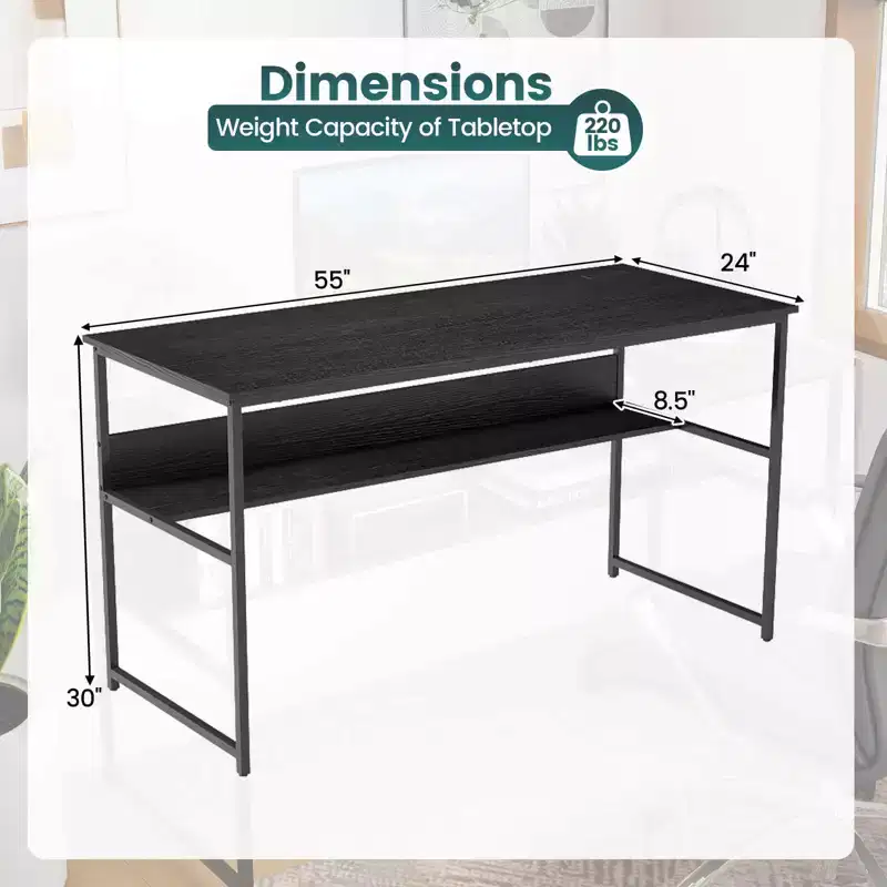 55x24 Computer Desk with Power Outlets, USB Ports & Storage Shelf