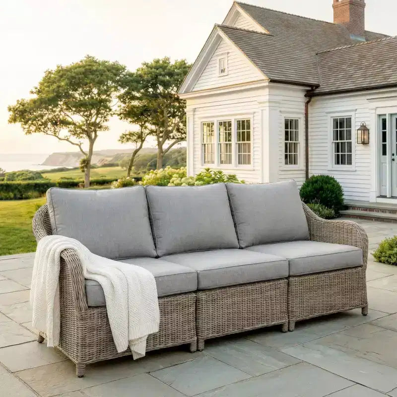 Martha Stewart Lily Pond Indoor-Outdoor Modular Patio Sectional Sofa Center Seat in Weathered Gray Rattan Wicker with Gray All-Weather Cushions