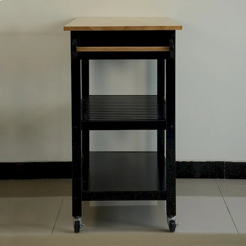Rolling Kitchen Cart with Natural Wood Top 2 Open Shelves and Towel Rack