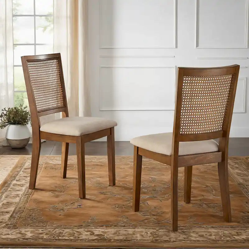 Beige Linen Rattan Back Dining Chair with Distressed Wood Frame
