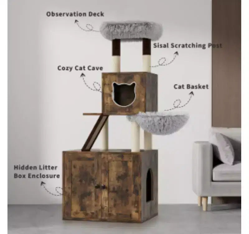 Cat Litter Box Enclosure with Cat Tree (PB Board + Plush)