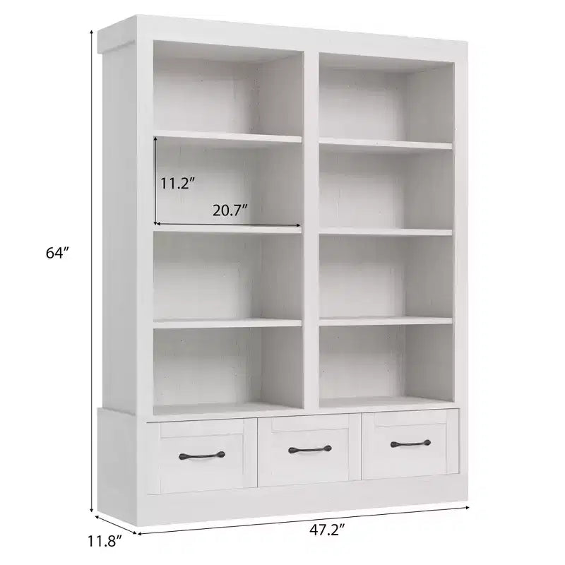 64 H Tall Bookcshelf with 4 Tier Double Wide Open Shelf, 3 Storage Drawers, 4 Tier Double Wide Open Shelf,Wooden Deep Bookshelves