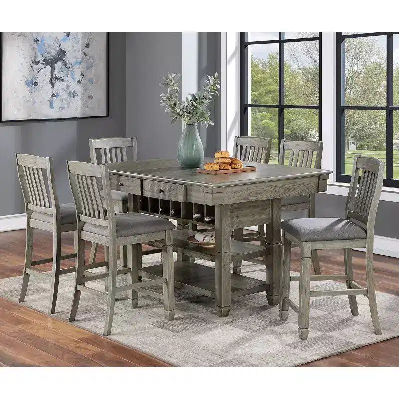 HOMES: Inside + Out 60" Goldspark Transitional 2 Shelf Counter Height Table with Drawers and Wine Storage Gray: 30 x 60 Bar Table