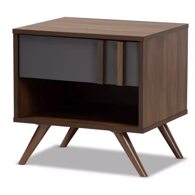 1 Drawer Two-Tone Wood Nightstand Gray/Walnut Bedside Storage, Splayed Legs, Retro Design