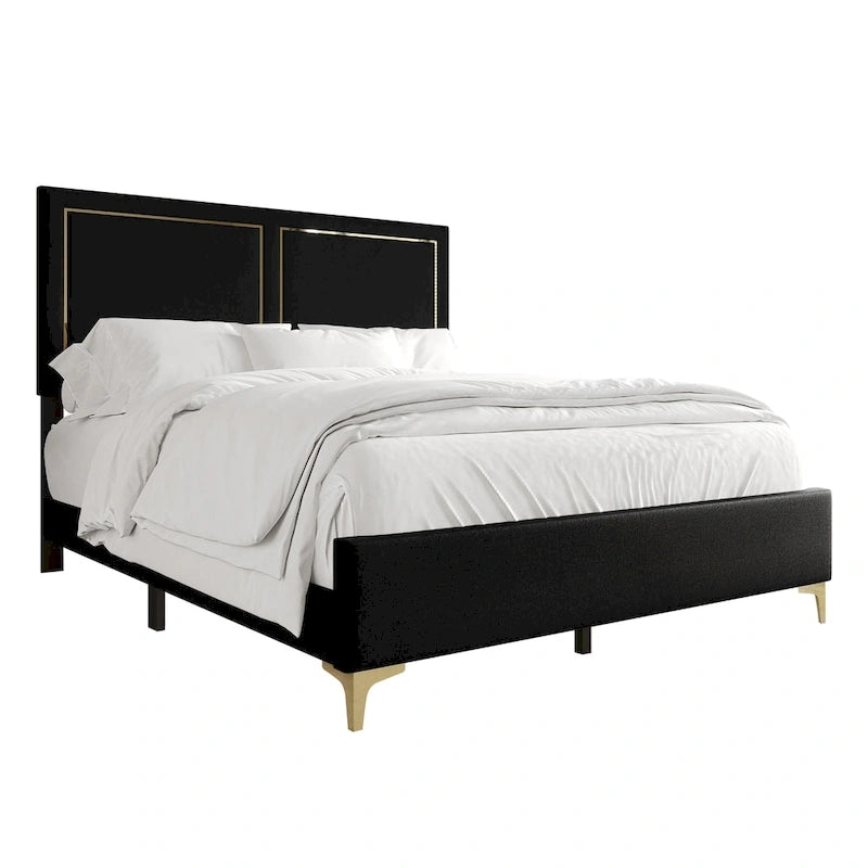 Minimalist Velvet Upholstered Bed with Gold Strip Detail