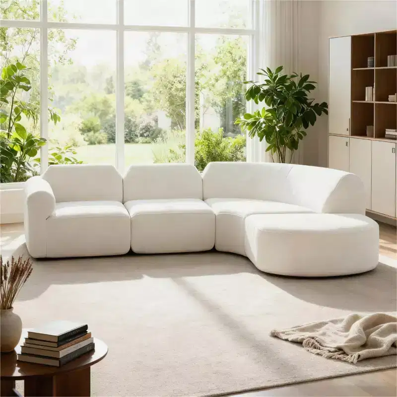 111 Modern L-Shaped Curved Sectional Sofa with Ottoman, Deep Seat Upholstered Couch, 3 Seat Sofa for Living Room & Lounge-Panipeachy
