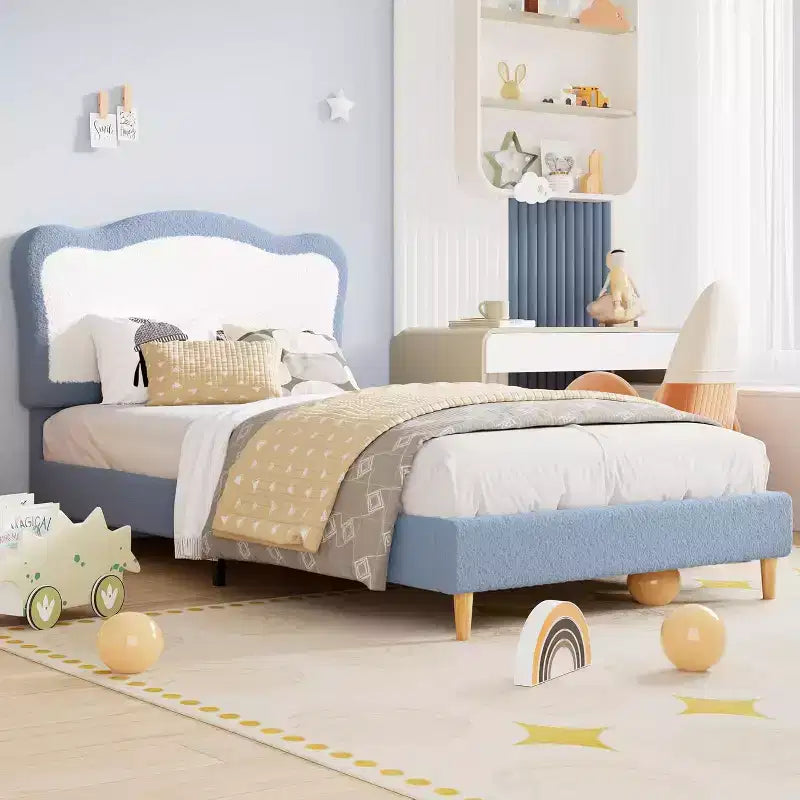 Upholstered Twin/Full Bed Frame for Kids with Scallop Headboard, Cute Velvet Twin Bed for Girls, Boys, Sturdy Platform Bed, Wooden Slats, Noise Free