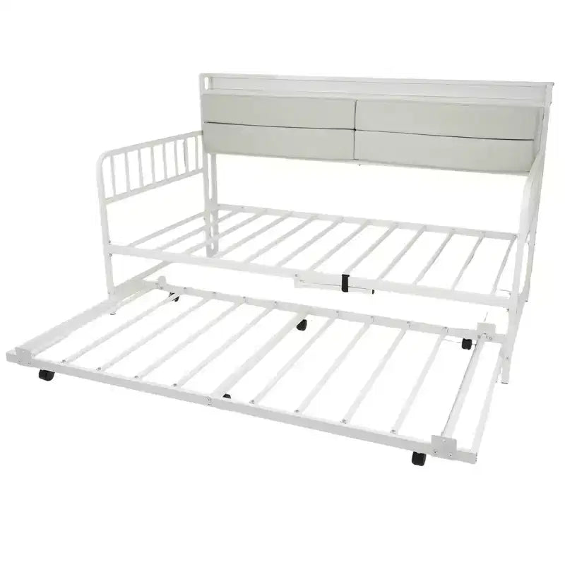 Costway Daybed with Trundle LED Lights Charging Station Upholstered Storage Headboard White/Rustic Brown & Black