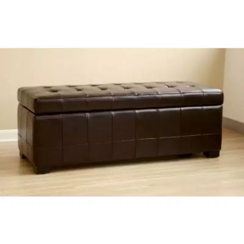 Full Leather Storage Bench Ottoman with Dimples Dark Brown - Baxton Studio