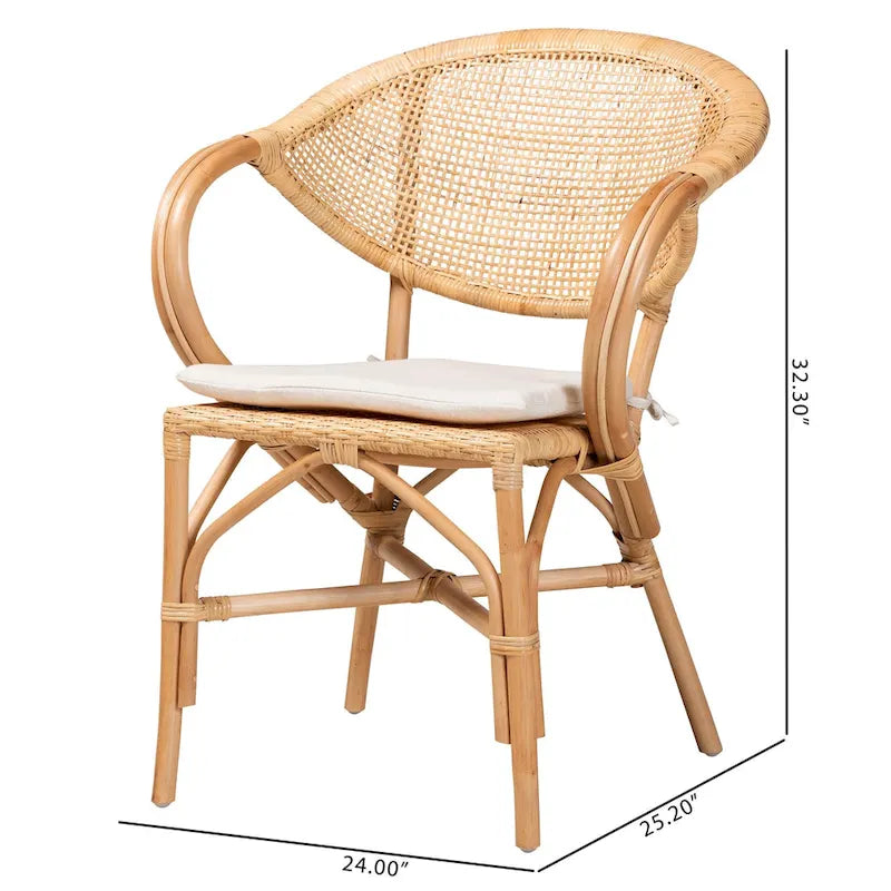 Bohemian Natural Brown Rattan Dining Chair with Removable Cushion