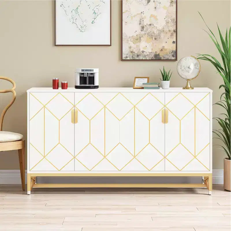 MAYEERTY Luxurious White & Gold Buffet Cabinet Modern Contemporary Stylish Design
