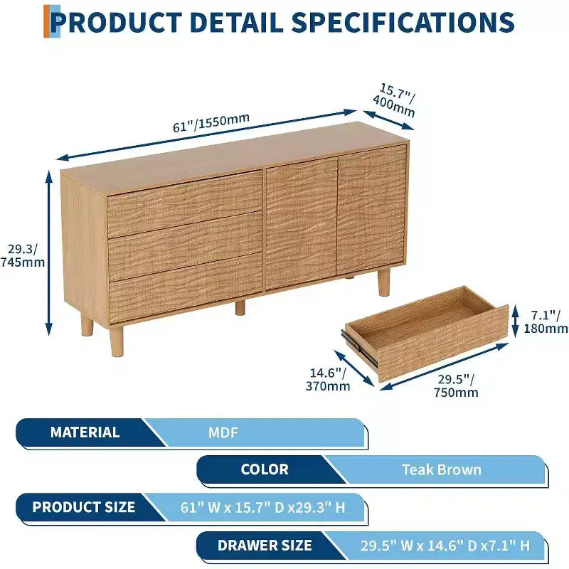Acekool 61 Mid-Century Sideboard - Natural Wood Buffet Cabinet with 3 Drawers, 2 Doors & Wave Design for Dining Room, Kitchen