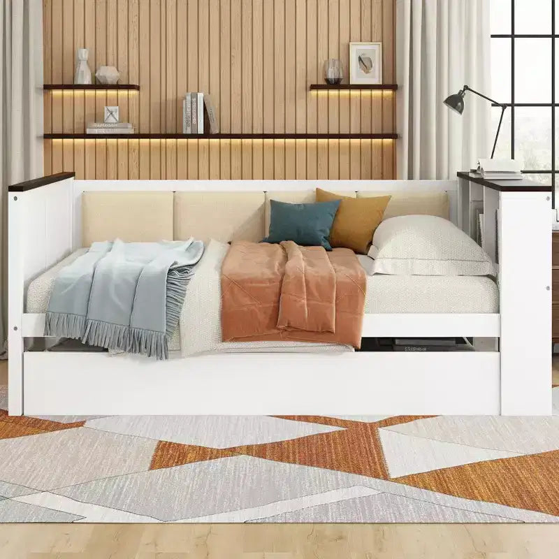 Polibi Modern Utility Daybed with Charging Station, Upholstered Backrest & Trundle