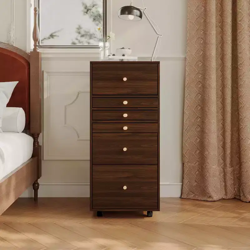 Walnut Rolling Vanity Dresser with LED Mirror and Multi-Layer Storage
