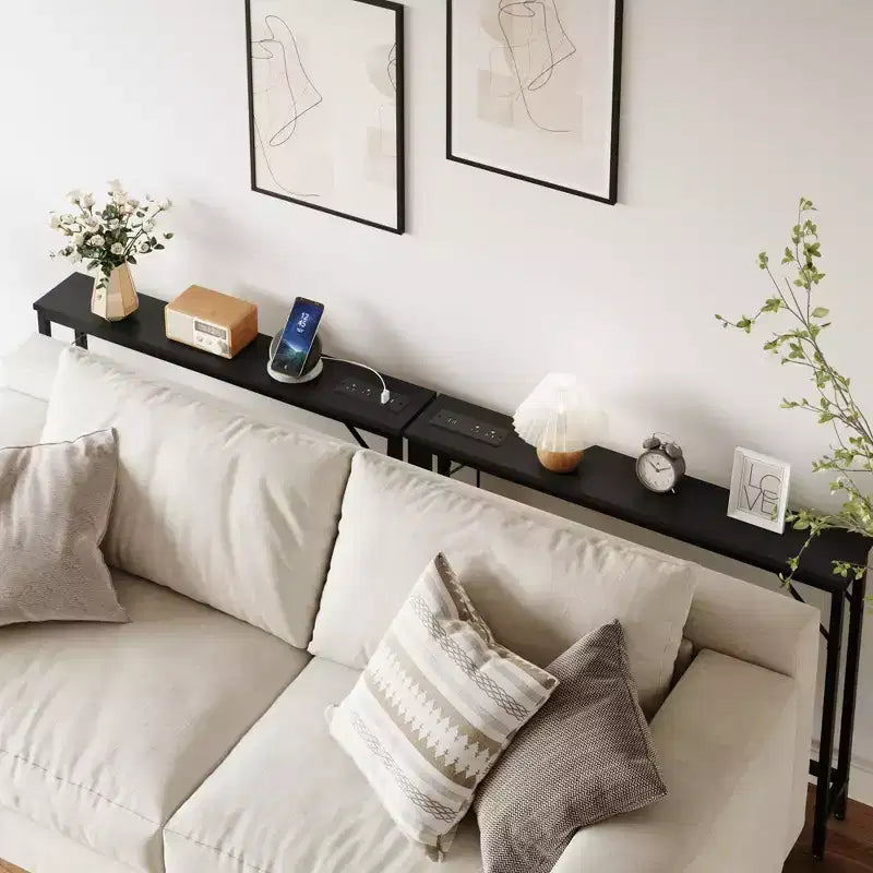 5.9 Narrow Sofa Table with Outlets, Skinny Console Table with Storage, Slim Behind Couch Table for Living Room, Entryway, Hallway, Foyer - Black
