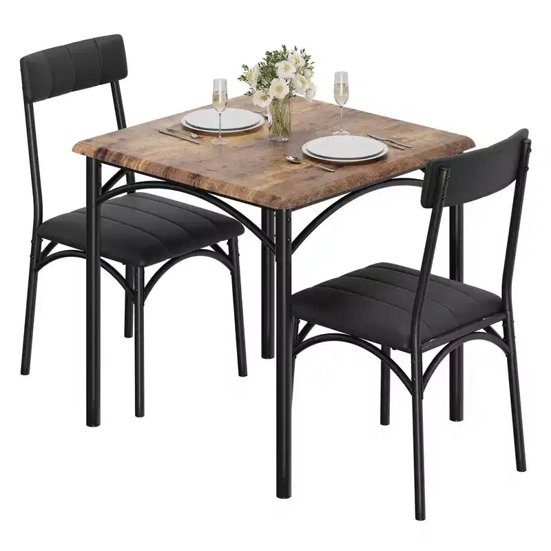 Dining Table Set for 2, 3 Piece Kitchen Table and Chairs Set Square Dining Table, Space Saving Dining Room Furniture, Rustic Brown