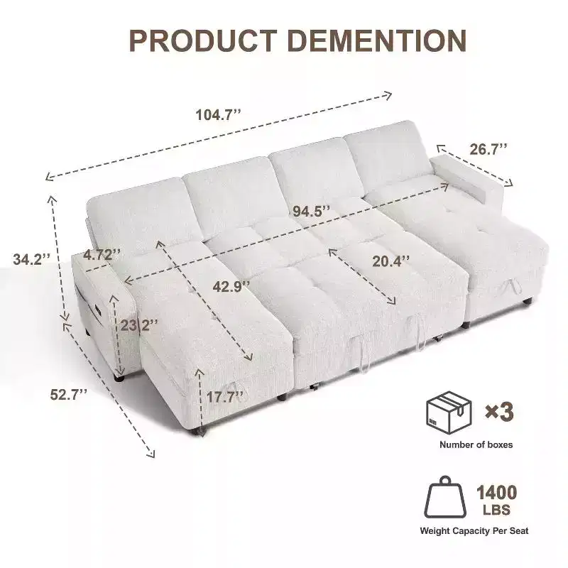 104 U-Shaped Convertible Sleeper Sofa Bed with Storage
