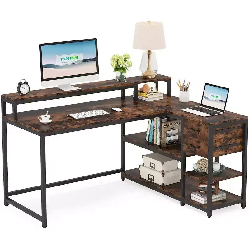 Reversible L-Shaped Corner Desk with Drawer, Storage Shelves & Monitor Stand