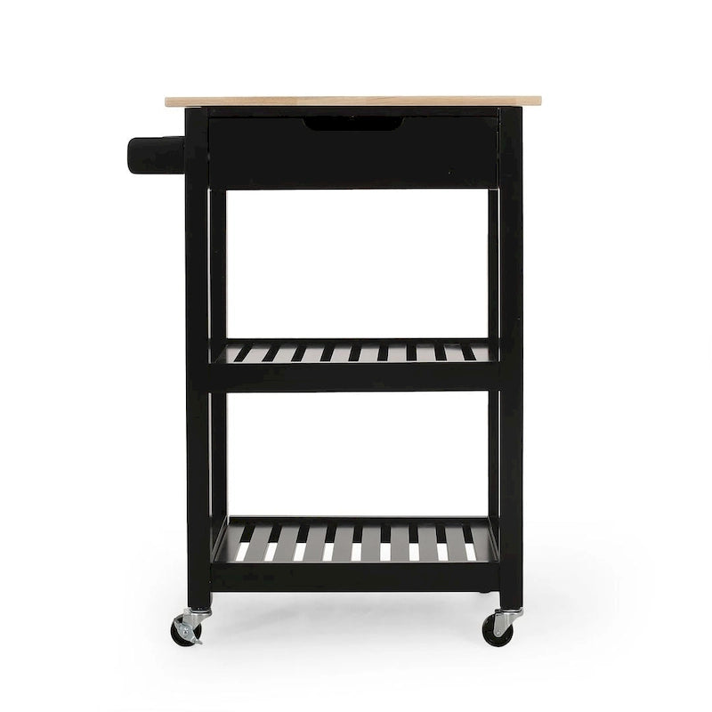 Compact Rolling Kitchen Cart with Rubberwood Top Drawer 2 Slatted Shelves and Towel Rack