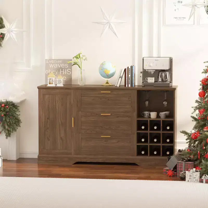 63 Inch Farmhouse Sideboard Buffet with Drawer Adjustable Shelves, Kitchen Island with Door-Back Rack for Snacks, Sideboard for Kitchen Entryway