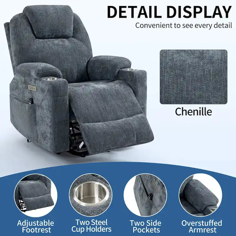 Power Lift Recliner | 8-Point Massage | Lumbar Heat | Dual USB | Steel Cup Holders | Blue