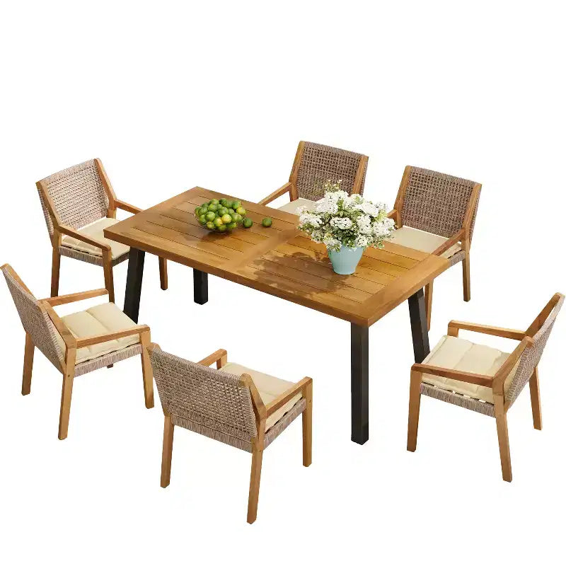 Christopher Knight Home Neva 7 Piece Industrial Outdoor Acacia Wood and Wicker Dining Set with Cushions
