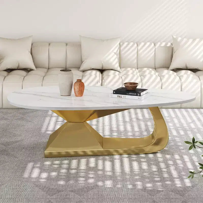 Modern Sintered Stone Coffee Table with Sculptural Stainless Steel Base, Faux Marble Pebble-Shaped Center Table for Living Room - Panipeachy