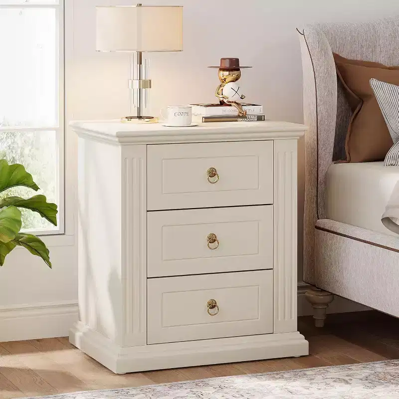 3 Drawer Nightstand Wood Bedside Table for Bedroom in Beige
