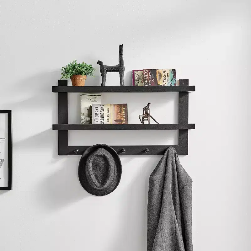 29 x 16 2-Tier Ledge Wall Shelf Organizer with Five Hanging Hooks - Danya B.