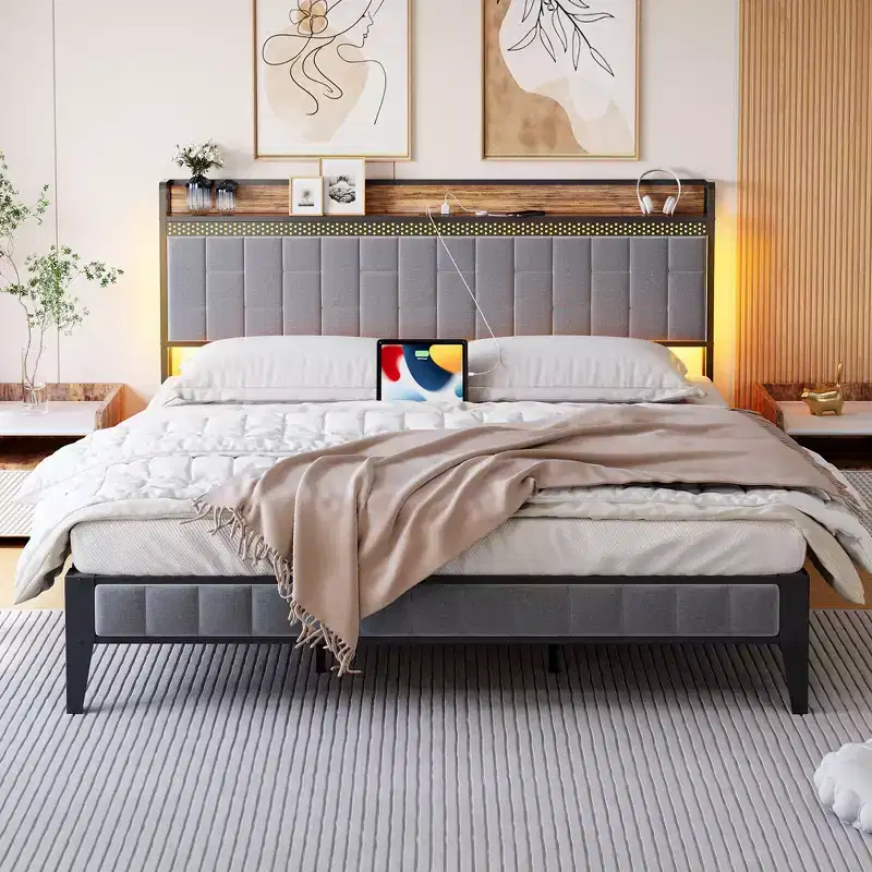 Bed Frame with Storage Headboard, LED Platform Bed Frame with Charging Station, No Spring Box Need, Easy Assembly, Grey