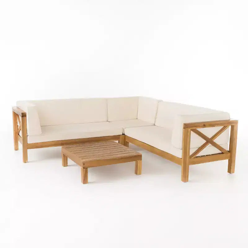 GDFStudio Keith Outdoor Acacia Wood 5 Seater Sectional Sofa Chat Set with Water-Resistant Cushions