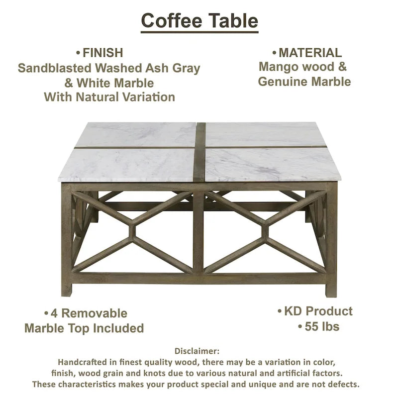 Coffee Table, 40 Inch Square White Marble Top, Sandblasted Ash Gray Mango Wood Geometric Frame