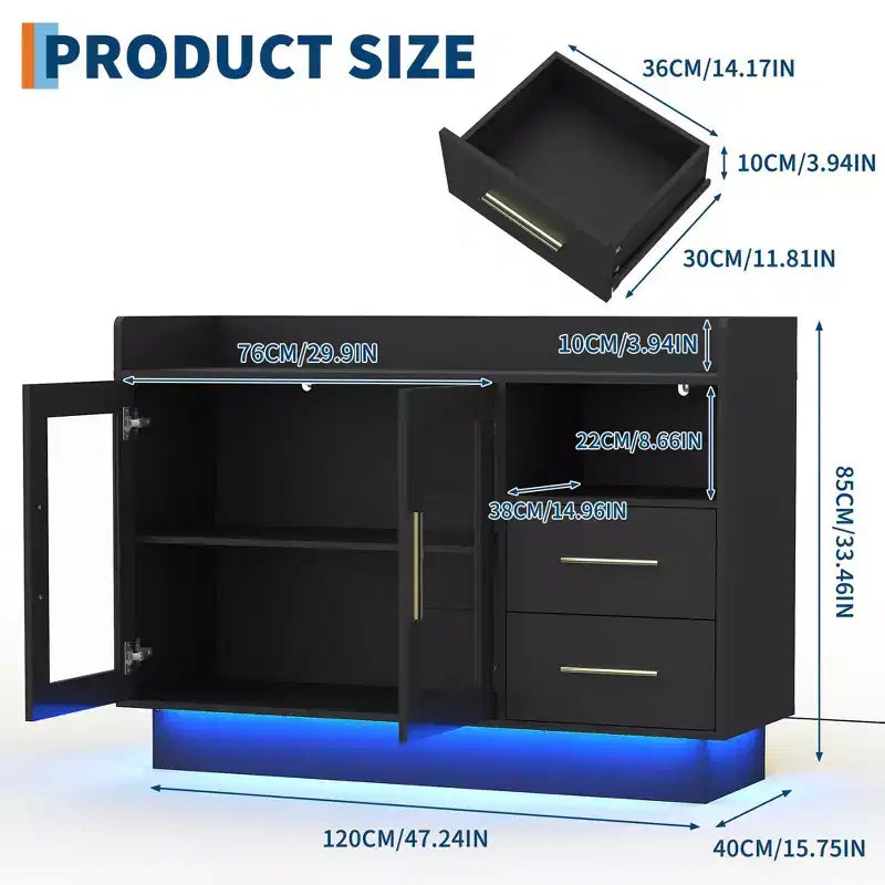 COZONY Glass Door Storage Cabinet, Freestanding Display Cabinet w/ Drawers for Living Room & Dining Room