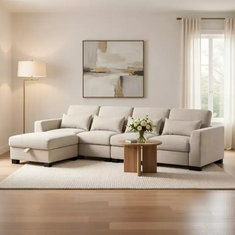 GDFStudio Beulah 130 Modern Modular L-Shaped Fabric Sectional Sofa with Storage Ottoman