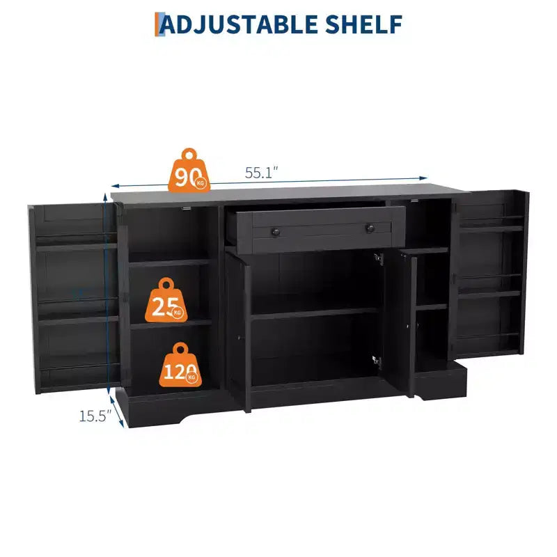 55 Sideboard Buffet Cabinet, Wood Coffee Bar Station with Adjustable Shelves, Credenza Console Table, Floor Cupboard Cabinet for Kitchen Living Room