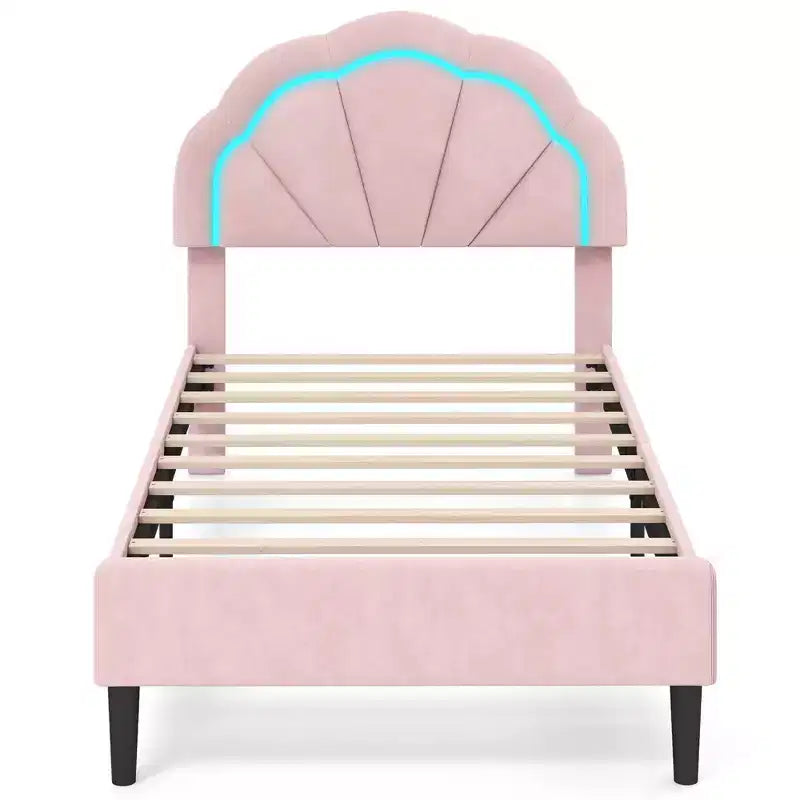 Upholstered LED Platform Bed �C Velvet Flower Headboard, Twin/Full/Queen