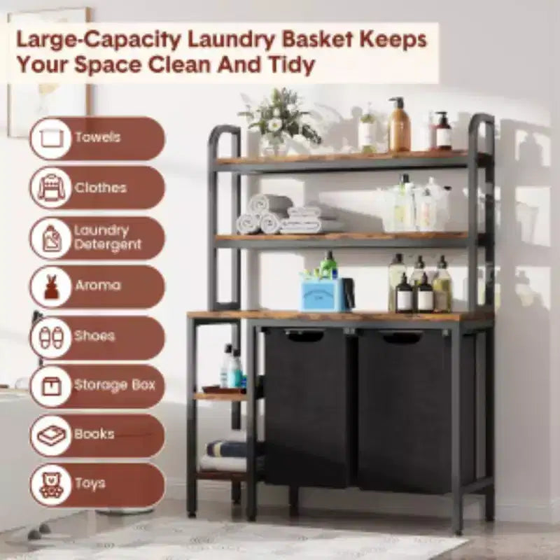 3-Tier Wood & Metal Laundry Basket Rack