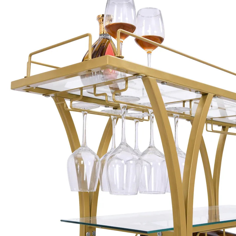 3-Tier Tempered Glass Rolling Bar Cart with Wine Rack and 16 Glass Holder