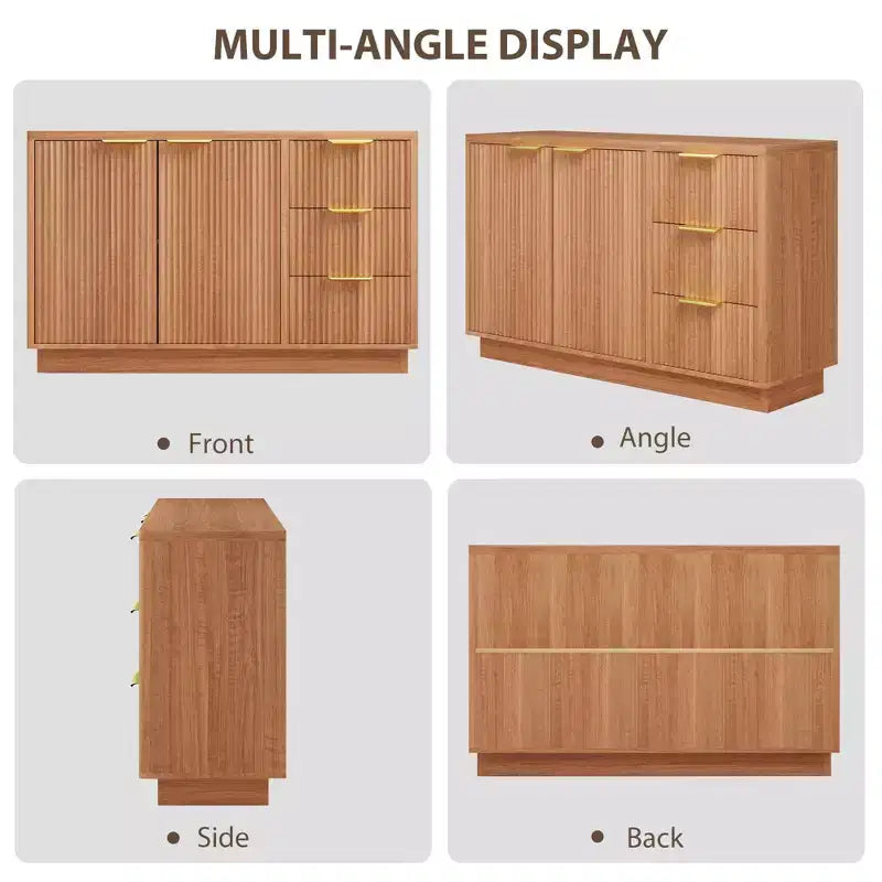 47.2 Sideboard Buffet Cabinet, with 2 Doors, 3 Drawers & Gold Handles for Dining Room, Natural Wood