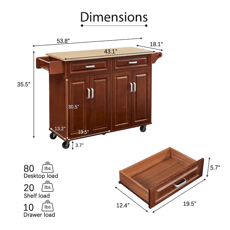 Brown Rolling Kitchen Island Cart with 2 Drawers Open Shelves and Casters