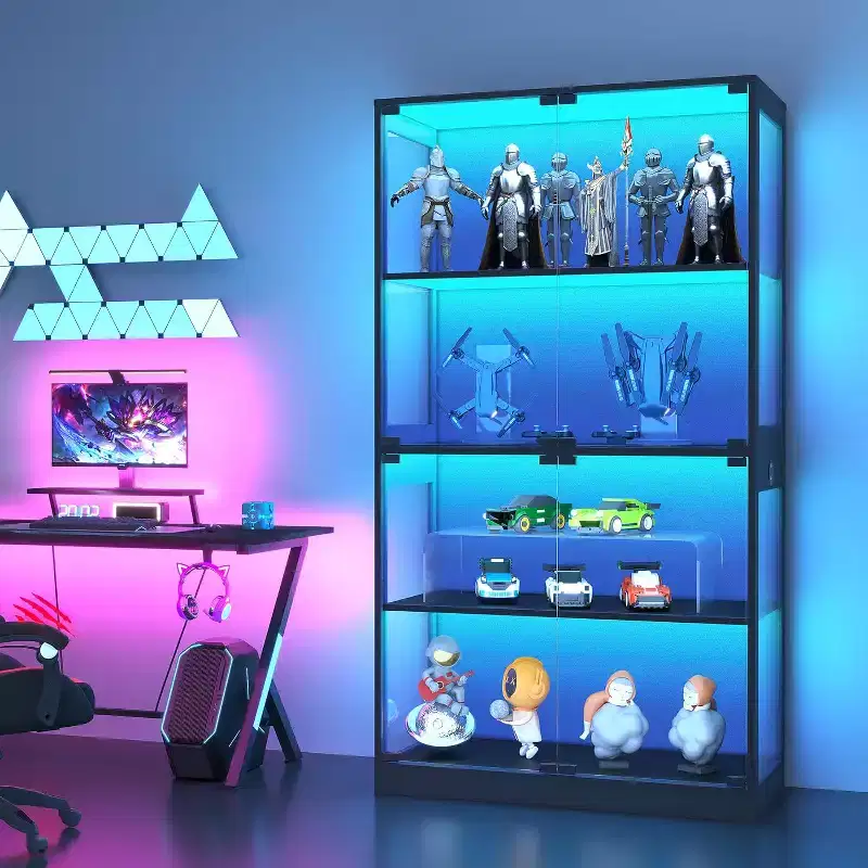 4-Tier Glass Display Cabinet with LED Lights, Curio Display Case with Charging Ports & Motion Sensor, Storage Shelves for Collectibles