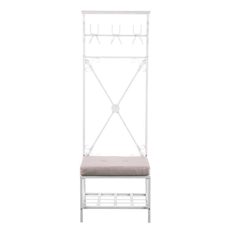 Hall Tree Coat Rack with Cushioned Seat, 12 Hooks, 2 Shelves, Distressed White Iron