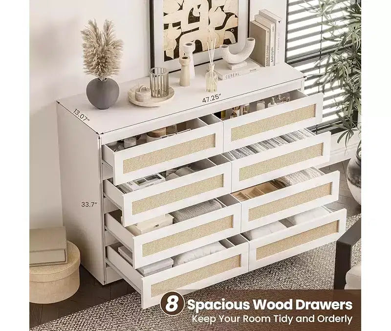 8-Drawer Rattan Dresser with Wide Tabletop
