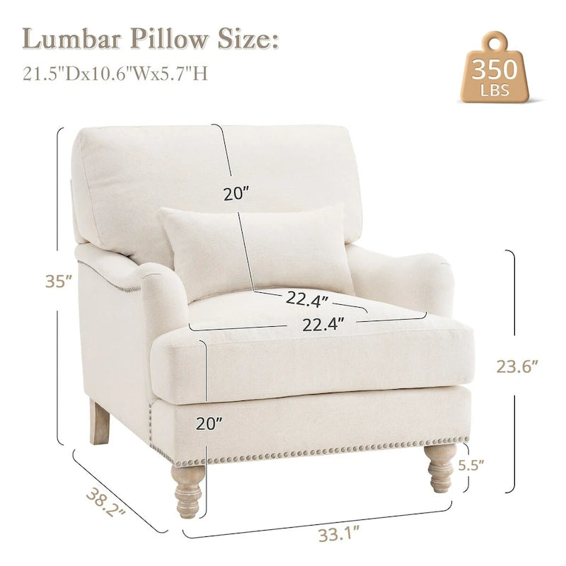 Modern Arm Accent Chair Upholstered with Solid Wood Frame and Lumbar Pillow