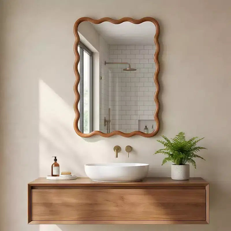 20 x 30 Wall Mirror with Solid Wood Frame, Wavy Rectangle Decorative Mirror for Bathroom, Bedroom, Living Room, Entryway-Panipeachy