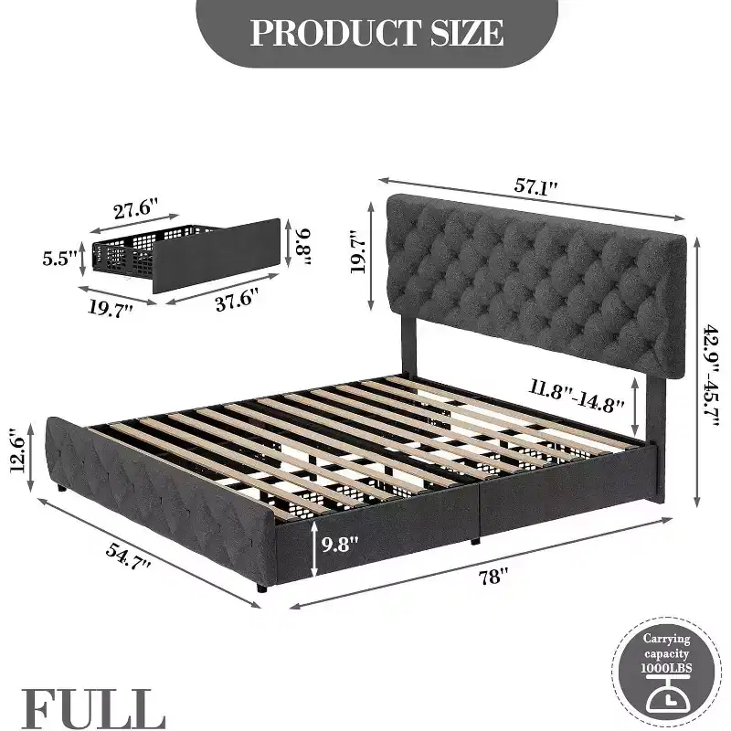 Full Size Bed Frame with 4 Storage Drawers and Adjustable Headboard, Upholstered Platform Bed, No Box Spring Required, Grey