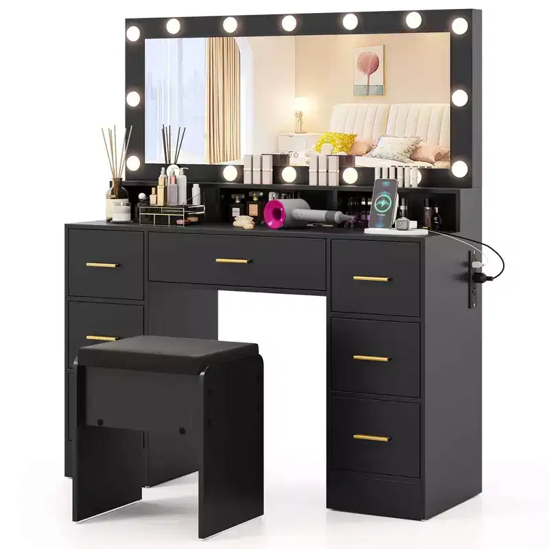 Makeup Vanity Desk with Mirror, Lights and Charging Station, 3-Color LED, Black/White